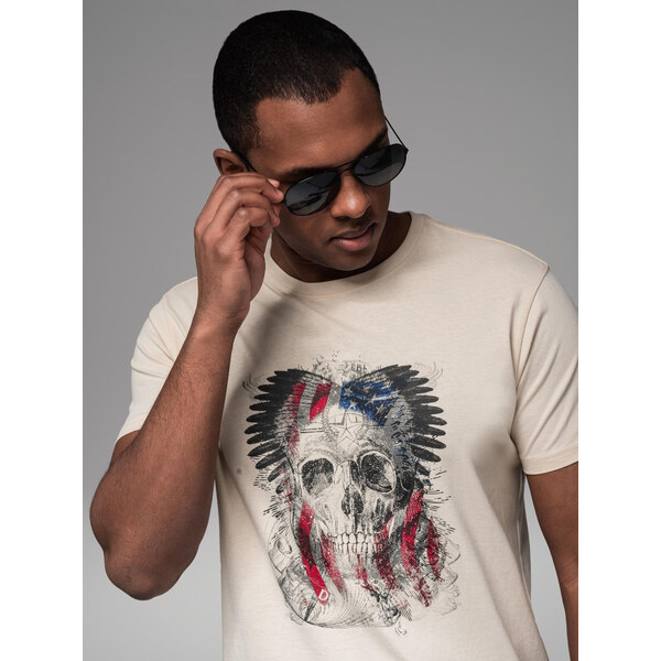 Ombre Mens cotton t-shirt with rock style print - cream 64791199