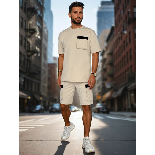 BASIC Béžová pánska súprava trička a šortiek AX0809 63261329