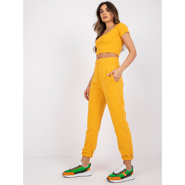 RUE PARIS Tmavožlté dámske tepláky s vysokým pásom RV-DR-7460.11-dark 57949179