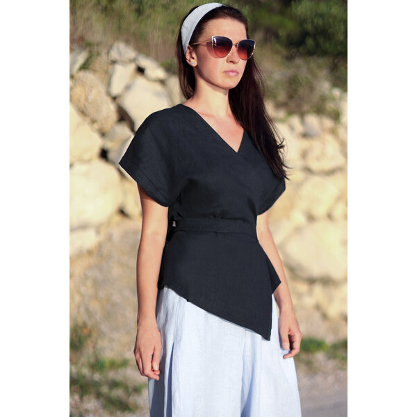 Lotika Linen Ľanová zavinovacia blúzka s pásikom - česká výroba 63334460