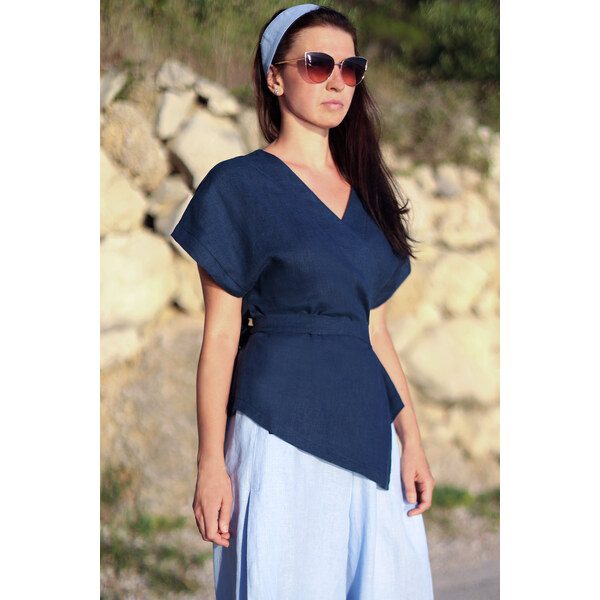 Lotika Linen Ľanová zavinovacia blúzka s pásikom - česká výroba 63334465
