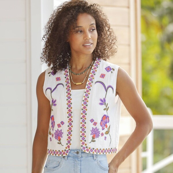 Mušelínová vesta s folkovou výšivkou ražná/lila 040 Blancheporte 51402283