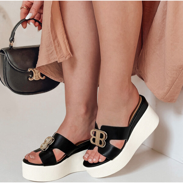 BASIC Štýlové čierne šľapky na vysokom kline PLATSIMA ZY0757 63334722