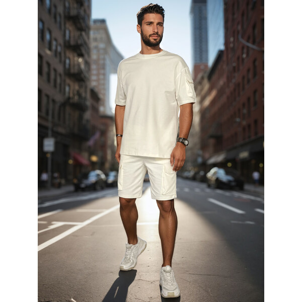 BASIC Smotanová pánska krátka tepláková súprava s vreckom na rukáve 63343474