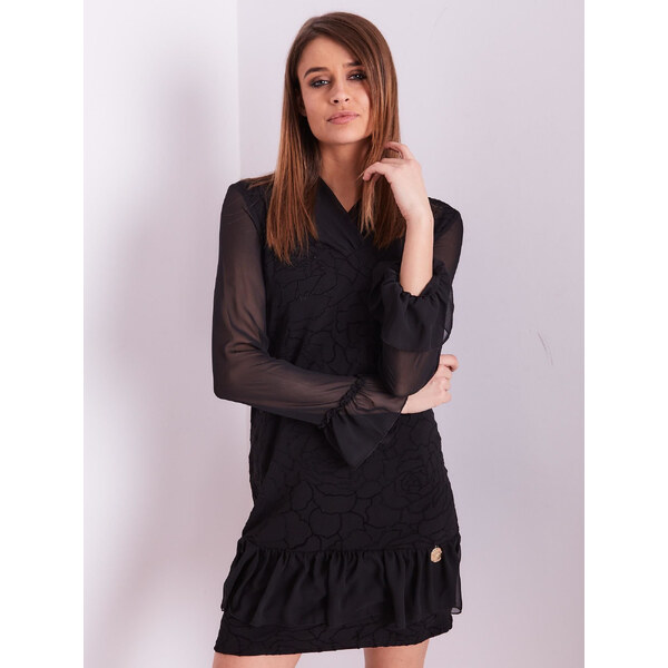 BASIC Čierne dámske šaty so vzorom a volánikmi EM-SK-5001.99-black 18910165