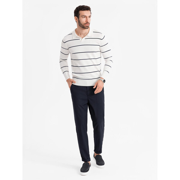 Ombre Mens horizontal striped polo longsleeve with viscose - white and 64791346