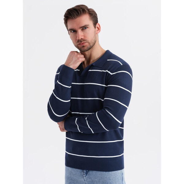 Ombre Mens horizontal striped polo longsleeve with viscose - navy blue 64791349