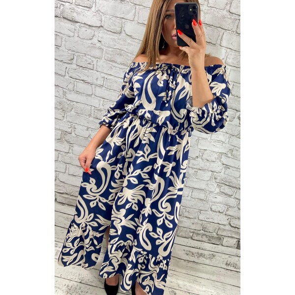 Dlhé šaty s kvetovaným vzorom a rozparkom modré 63395194