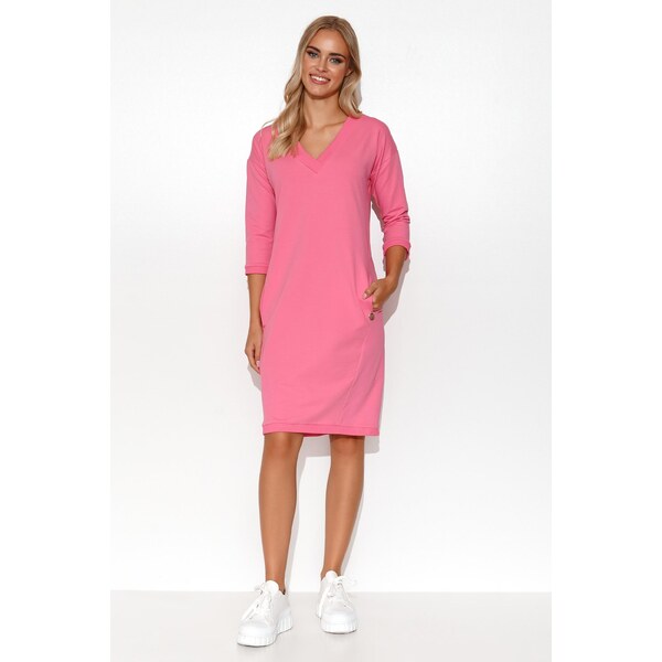 Makadamia Rovné mikinové šaty s véčkovým výstrihom M779 | baby pink 63395658