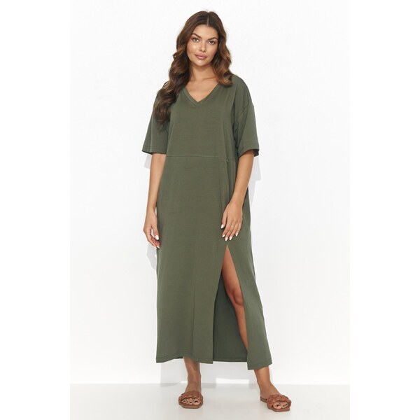 Numinou Bavlnené maxi oversize šaty s rozparkom NU466 | khaki NU466 63395675