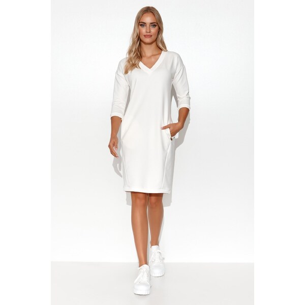 Makadamia Rovné mikinové šaty s véčkovým výstrihom M779 | smotanová 63395825