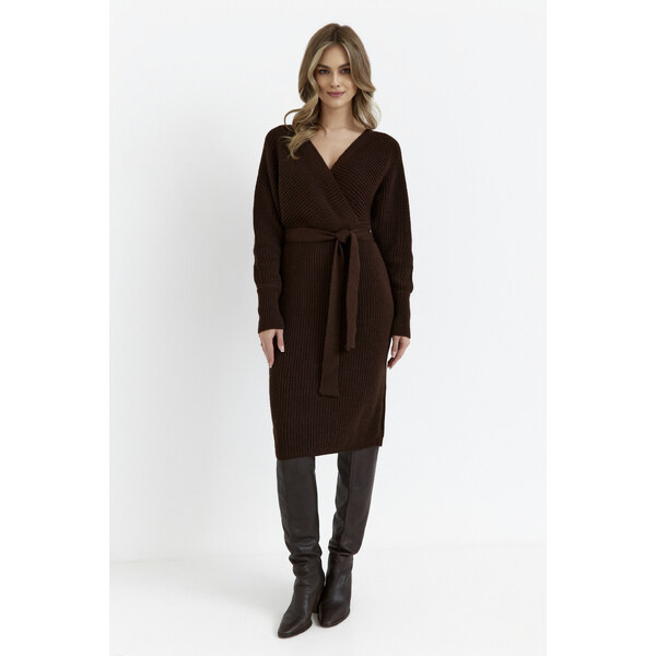 MOE Pletené šaty s výstrihom do V a opaskom m810 | hnedá M810 63395916