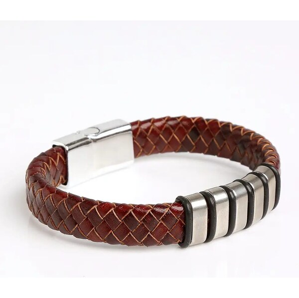 Kožený pletený náramok s ozdobou hnedý 65638766