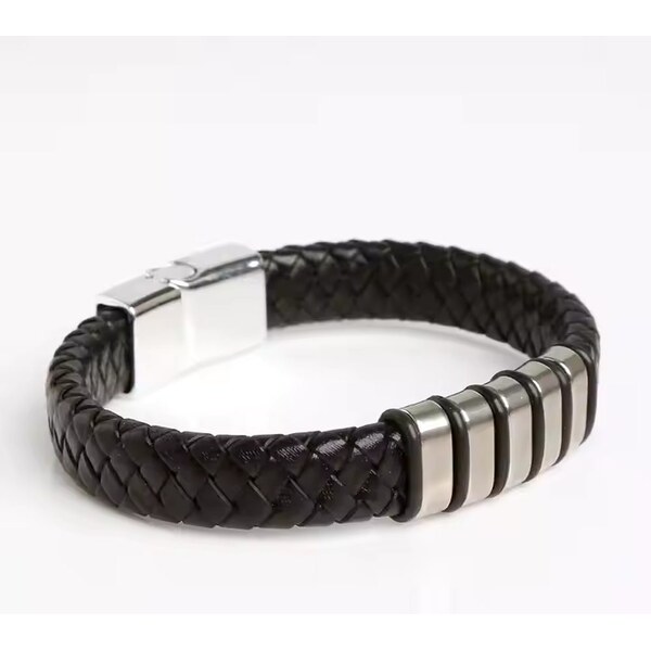 Kožený pletený náramok s ozdobou čierny 65764957