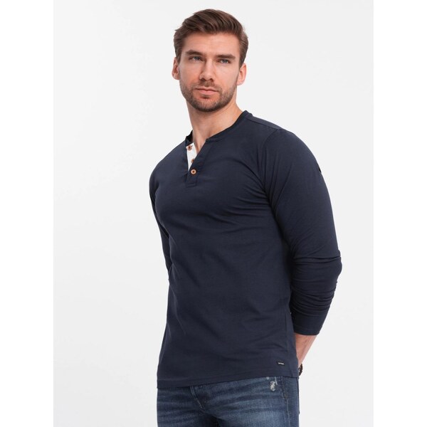 Ombre Clothing Moderné tričko s dlhým rukávom pre mužov tmavo-modré v3 63440037