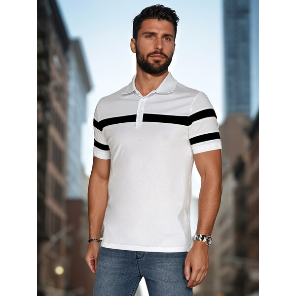 DStreet Pánska biela polo košeľa s pruhmi 64681340