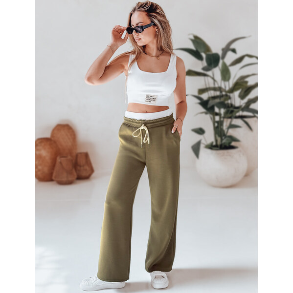 BASIC Dámsky dvojdielny komplet olivových nohavíc a rebrovaného topu 63478636