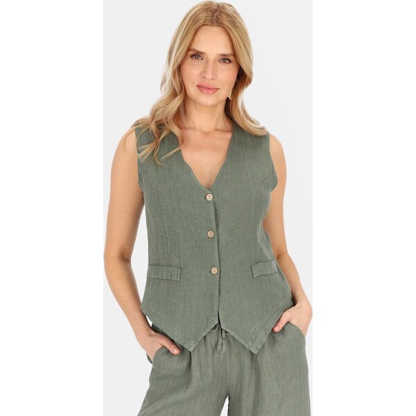 Perso Kaki dámska elegantná ľanová vesta s pruhmi CHCE 255487 F - Kaki 63495536