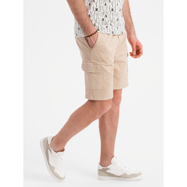 Ombre Mens cotton cargo shorts with elastic waistband - beige 64793137