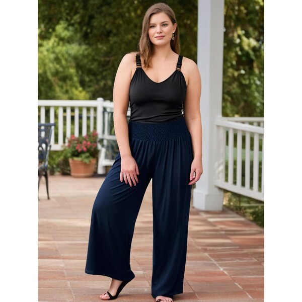 (veľ. 42/48) Široké nohavice s nariaseným pásom tmavomodré 54605574