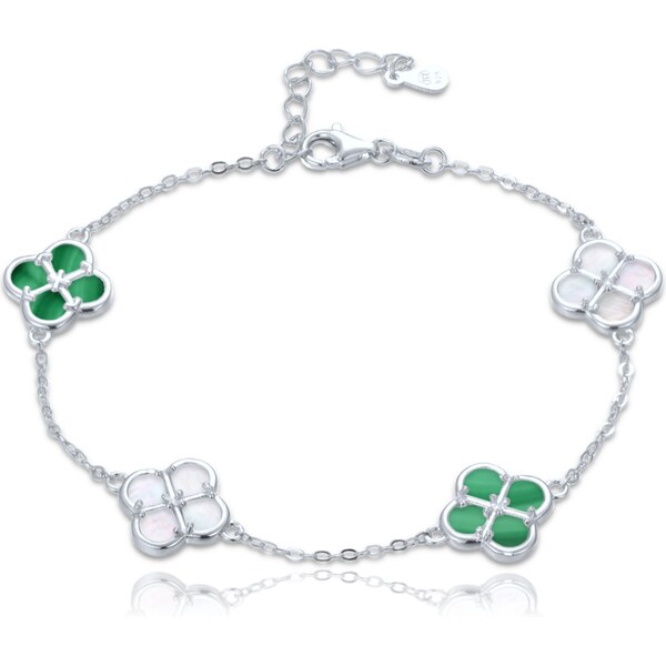 Olivie Stříbrný náramek čtyřlístky s bílou perletí a malachitem TALIS 65210590
