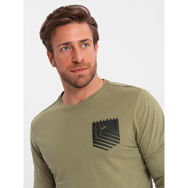Ombre Longsleeve męski z printem w kształcie kieszonki - oliwkowy 52497609