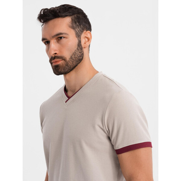 Ombre Mens T-shirt with contrasting inserts and v-neck - beige 64793264