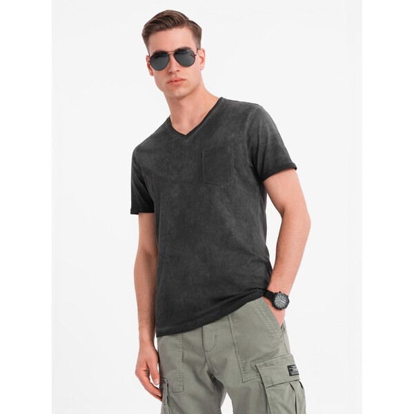 Ombre Mens cotton knit V-neck t-shirt with wash effect - black 64793255