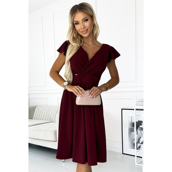 Numoco Bordové midi šaty s volánikovými rukávmi Matilde 65304482