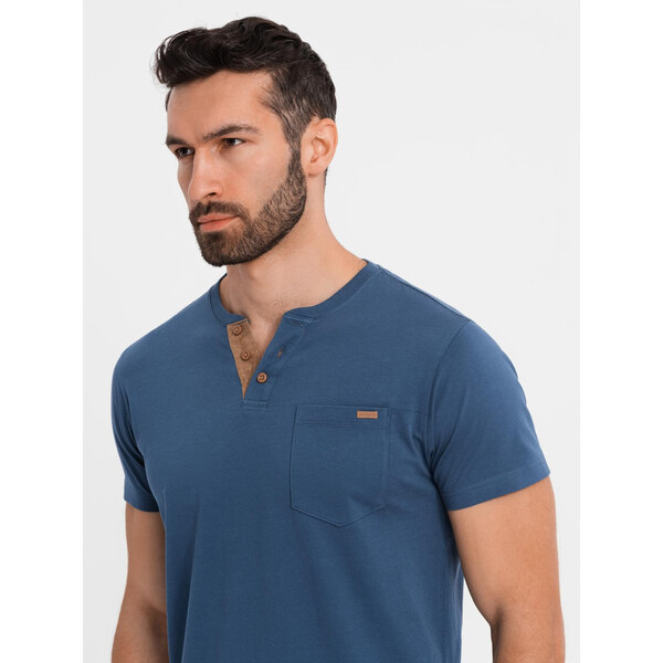 Ombre Mens T-shirt with button neckline and suede trim - dark blue 64793277