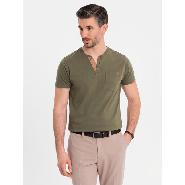 Ombre Mens T-shirt with button neckline and suede trim - dark olive 64793276