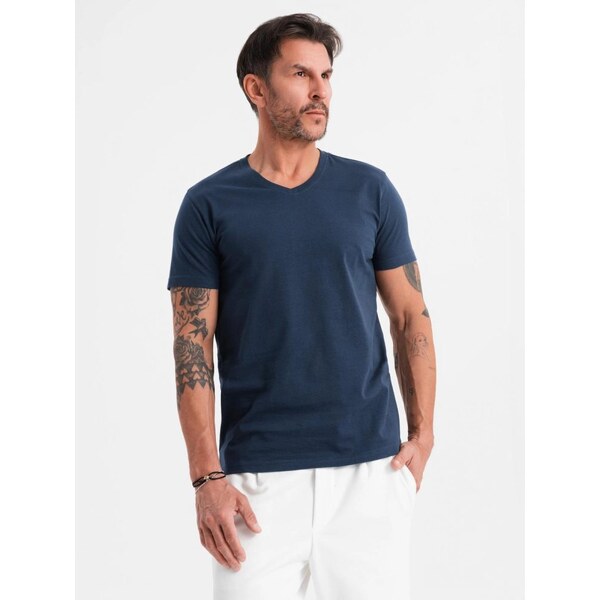 Ombre Clothing Basic bavlnené tmavomodré tričko s V-výstrihom V2 TSBS 63760926