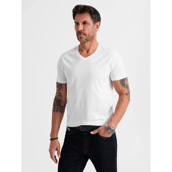 Ombre Clothing Basic bavlnené biele tričko s V-výstrihom V4 TSBS-0237 63760928
