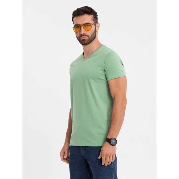 Ombre Clothing Basic bavlnené zelené tričko s V-výstrihom V11 TSBS 63760933