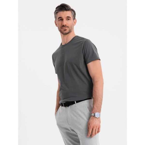 Ombre Clothing Basic grafitové bavlnené tričko s okrúhlym výstrihom 63774157