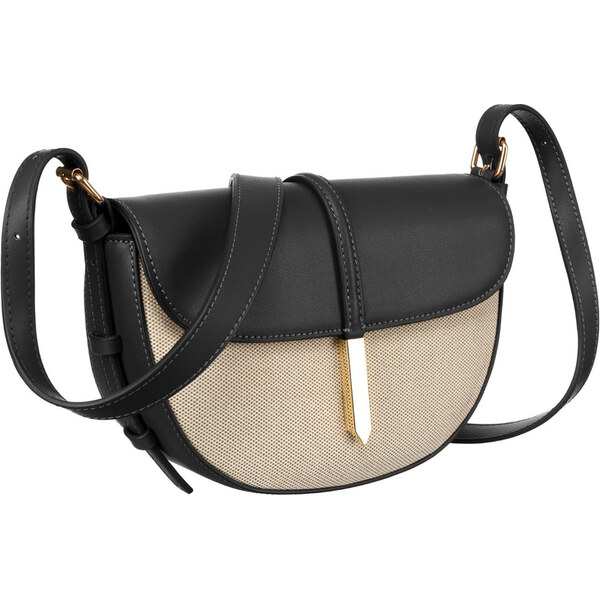 Béžovo-čierna dámska crossbody taška z prírodnej kože a canvas plátna 63792900