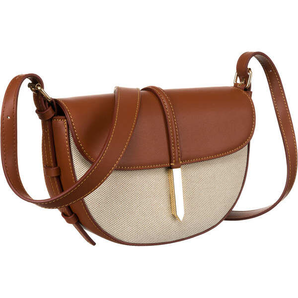 Béžovo-hnedá dámska crossbody taška z prírodnej kože a canvas plátna – 63792899