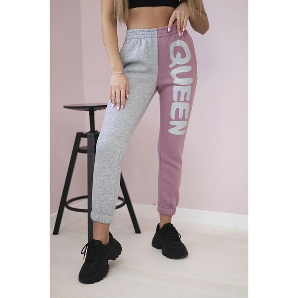 MladaModa Tepláky s nápisom QUEEN staroružové+šedé 64102060