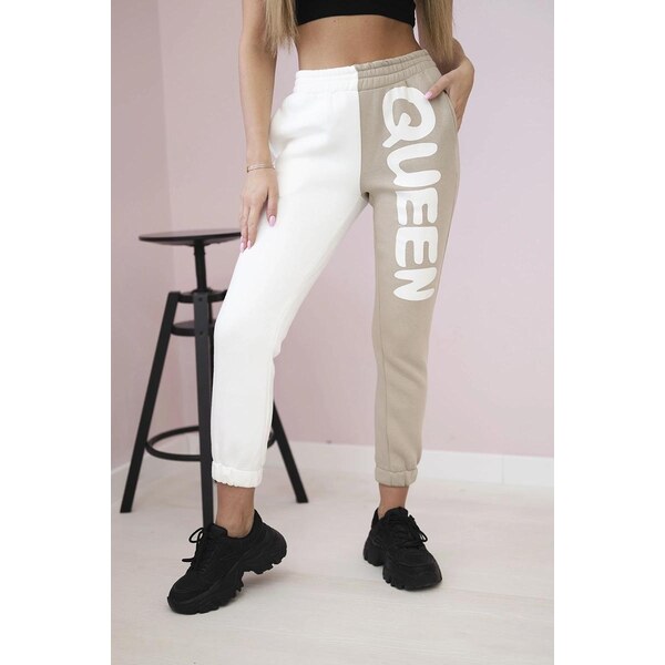 MladaModa Tepláky s nápisom QUEEN béžové+biele 64092239