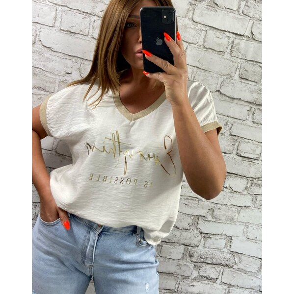 Tričko so zlatým nápisom a trblietavými detailmi béžové 63884749