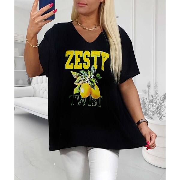 Bavlnené tričko s citrónmi a nápisom čierne 63884778