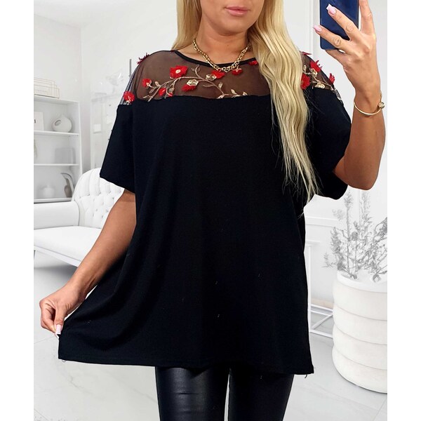 Tričko s výšivkou červených kvetov čierne 63884878