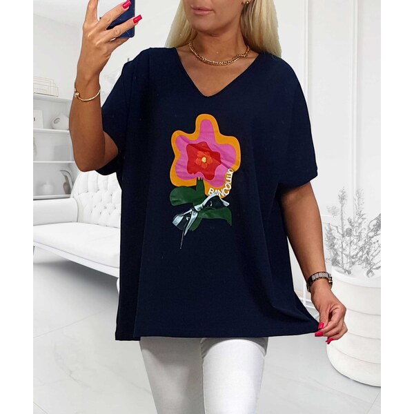 Bavlnené tričko so štylizovaným kvetom tmavomodré 63935833