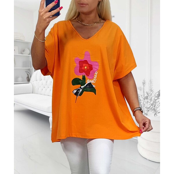 Bavlnené tričko so štylizovaným kvetom oranžové 63935834