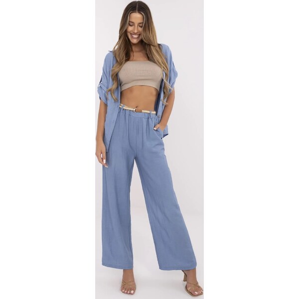 ITALY MODA Modré dámské letní viskózové kalhoty s pleteným páskem -MI 66149828