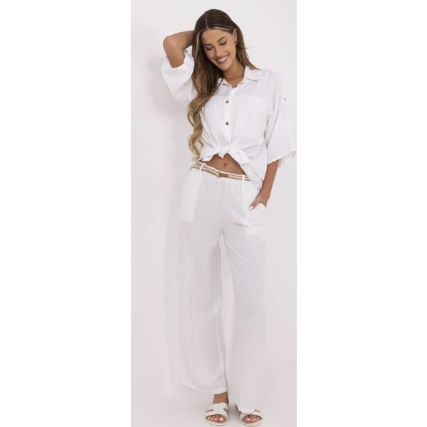 ITALY MODA Bílé dámské letní viskózové kalhoty s pleteným páskem MI-SP 66149829