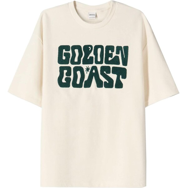 Bershka Tričko béžová / tmavozelená 65880206