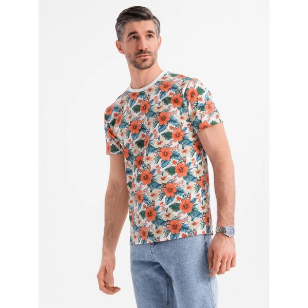 Ombre Clothing Pánske biele tričko s kvetinovou potlačou V1 TSFP-0249 63979806