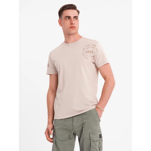 Ombre Clothing Pánske béžové tričko s trendy nápisom V1 TSFP-0225 64001406