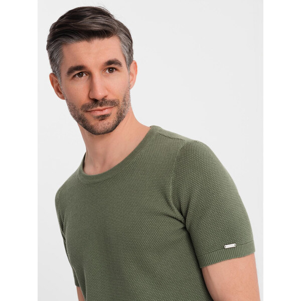 Ombre Mens knitted t-shirt with fine texture - olive 64793459